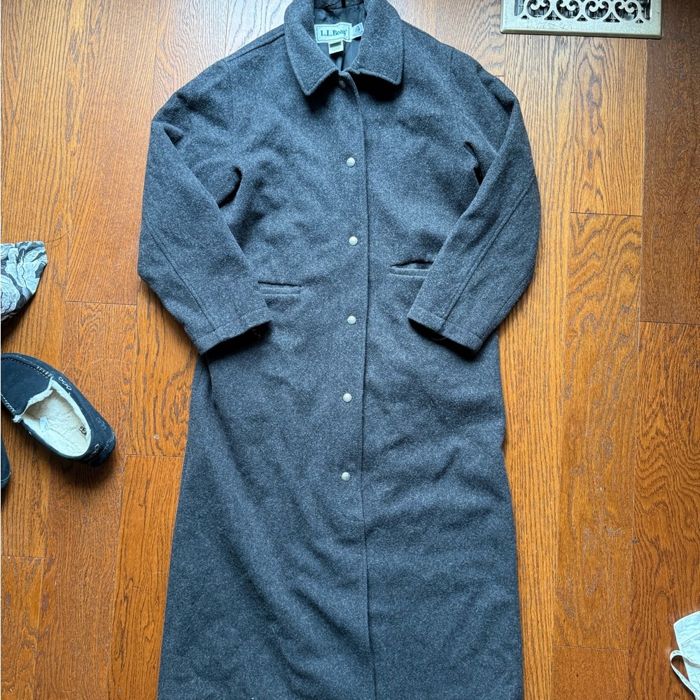 Vintage 90s L.L. Bean Charcoal Gray Wool Long Trench Coat Medium